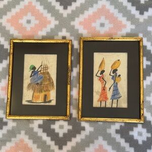 Set of 2 gold framed African Batik Painting Acrylic on Canvas Marcos Gallery